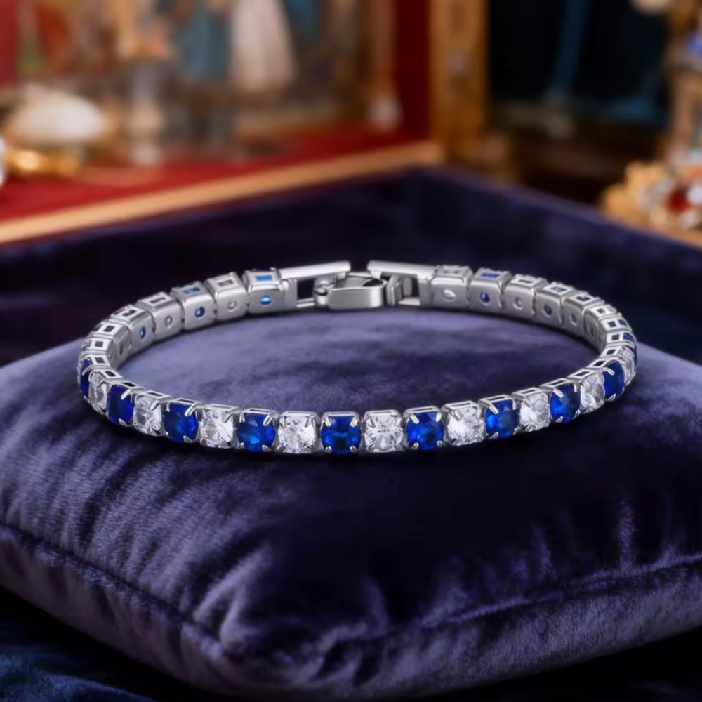 Sterling Silver Blue Sapphire & White CZ Tennis Bracelet